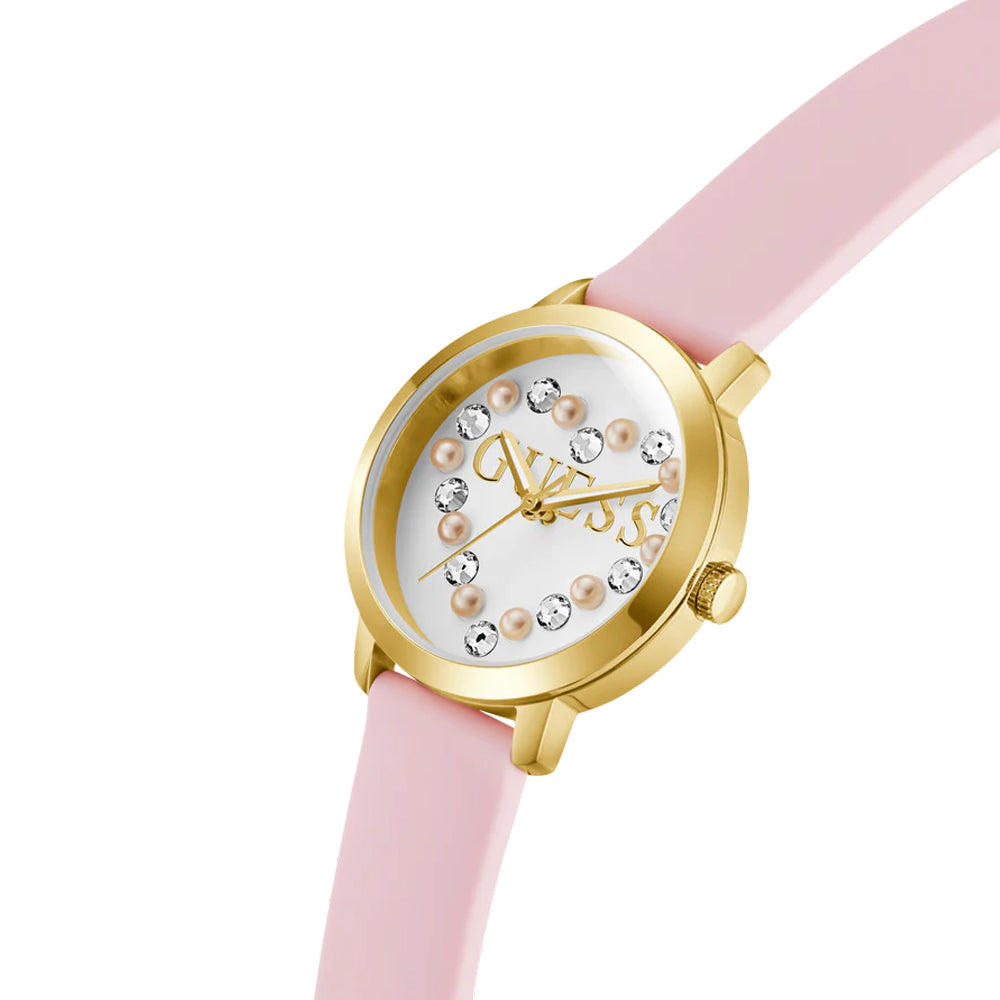 GUESS Ladies 36mm Yellow Gold Case with Pink Silicon Strap - Pink
