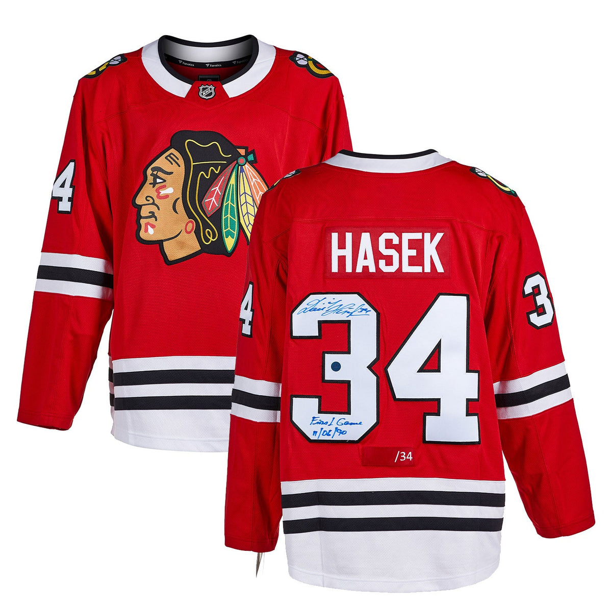 Dominik Hasek Chicago Blackhawks Signed & Dated 1st Game Fanatics Jersey #/34 product image 3, provided for visual reference