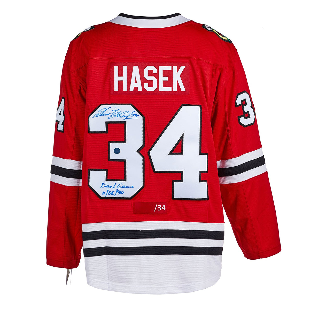 Dominik Hasek Chicago Blackhawks Signed & Dated 1st Game Fanatics Jersey #/34 product image 1, provided for visual reference