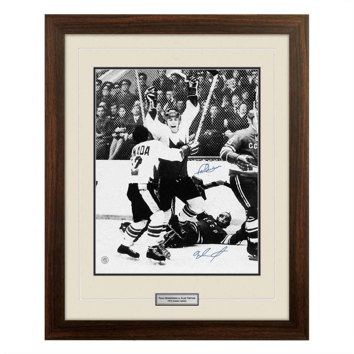 Paul Henderson & Vlad Tretiak Dual Signed Winning Goal Classic 26x32 Frame product image 1, provided for visual reference