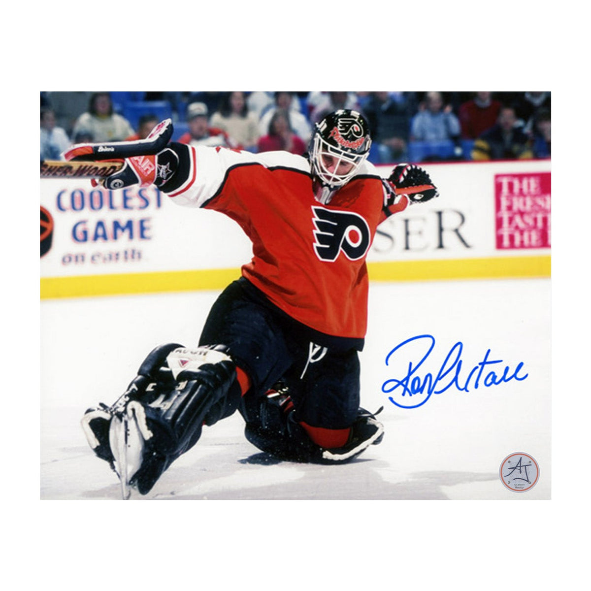 Ron Hextall Autographed Philadelphia Flyers Kick Save 8x10 Photo product image 1, provided for visual reference and product