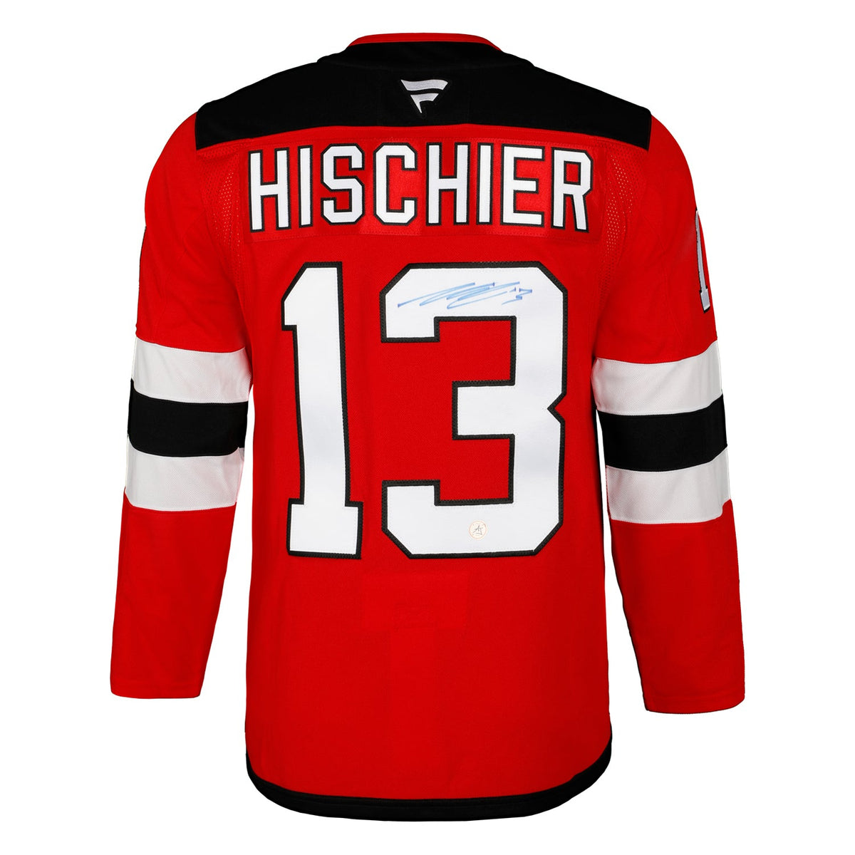 Nico Hischier Autographed New Jersey Devils Fanatics Premium Jersey product image 1, provided for visual reference and