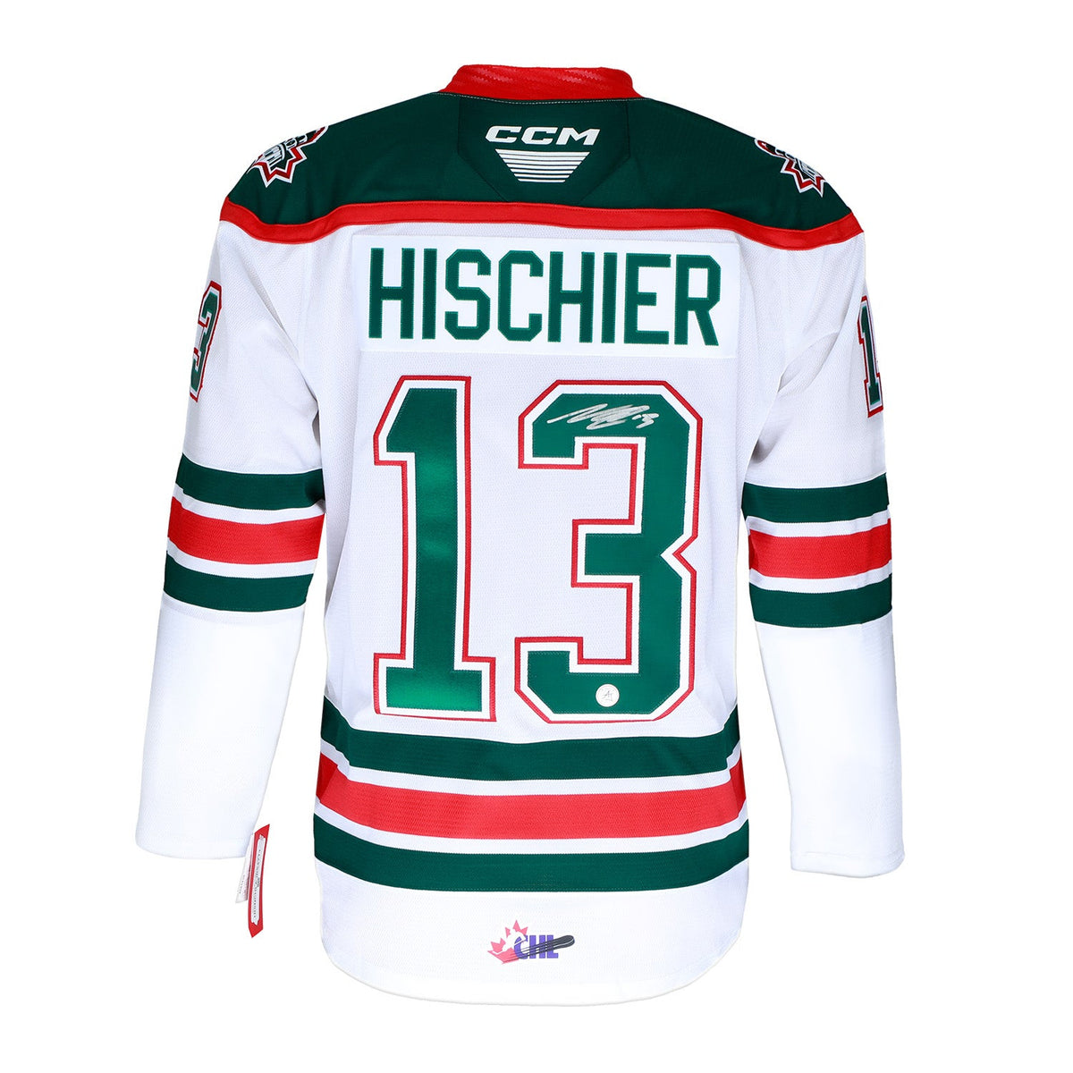 Nico Hischier Autographed Halifax Mooseheads White CCM CHL Jersey product image 1, provided for visual reference and product