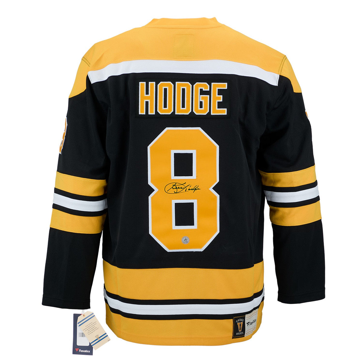 Ken Hodge Autographed Boston Bruins Fanatics Throwback Jersey product image 1, provided for visual reference and product