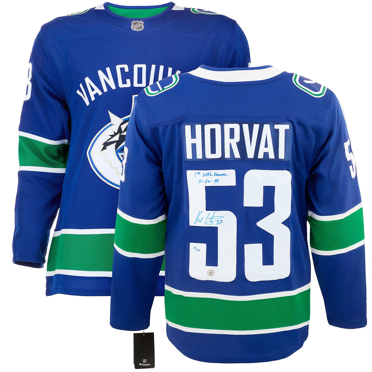Bo Horvat Vancouver Canucks Signed & Dated 1st Goal Fanatics Jersey #/53 product image 3, provided for visual reference and