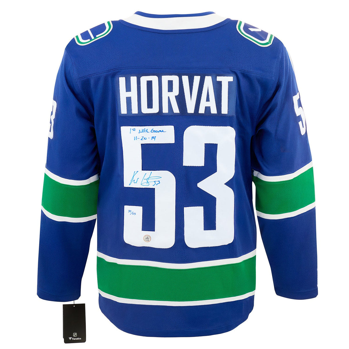 Bo Horvat Vancouver Canucks Signed & Dated 1st Goal Fanatics Jersey #/53 product image 1, provided for visual reference and