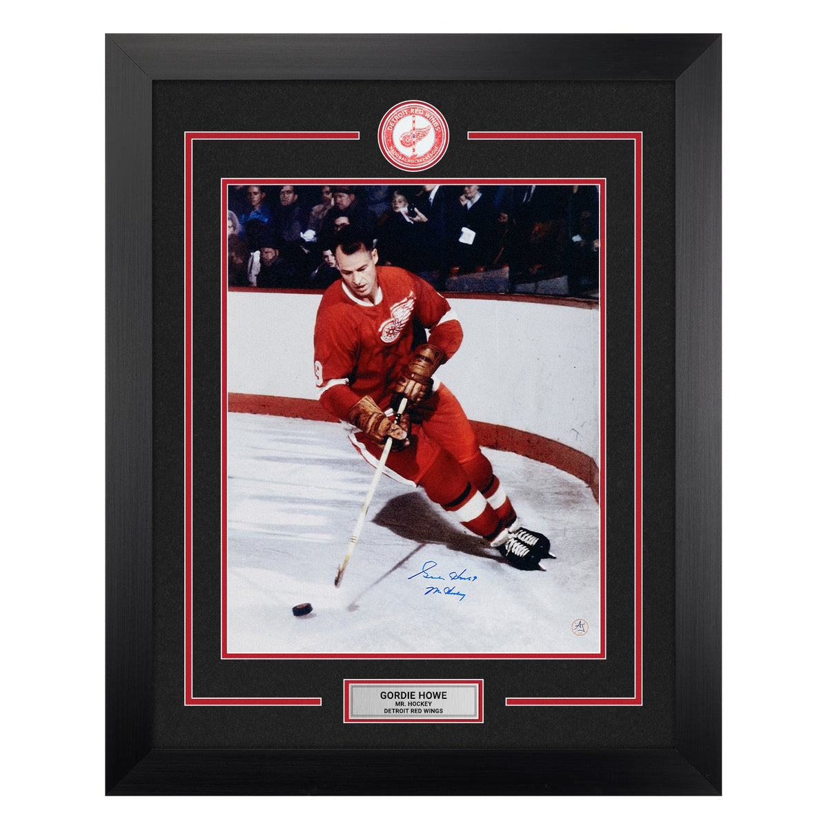 Gordie Howe Autographed Detroit Red Wings Centre Ice Logo 26x32 Frame product image 1, provided for visual reference and