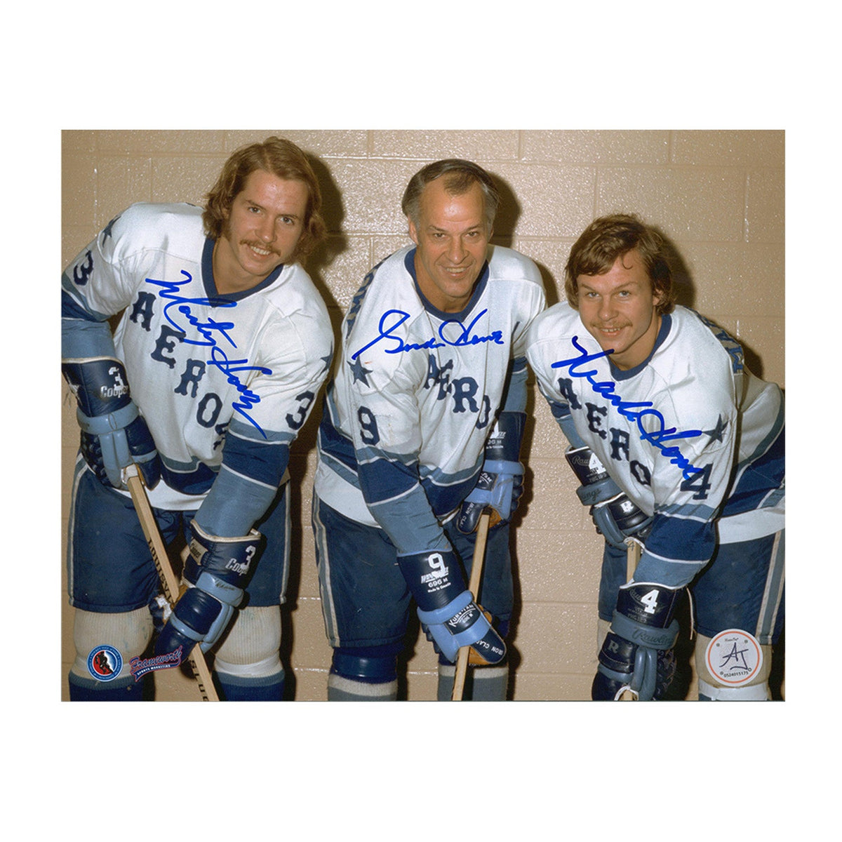 Gordie Howe, Mark Howe & Marty Howe Signed Houston Aeros WHA 8x10 Photo product image 1, provided for visual reference and
