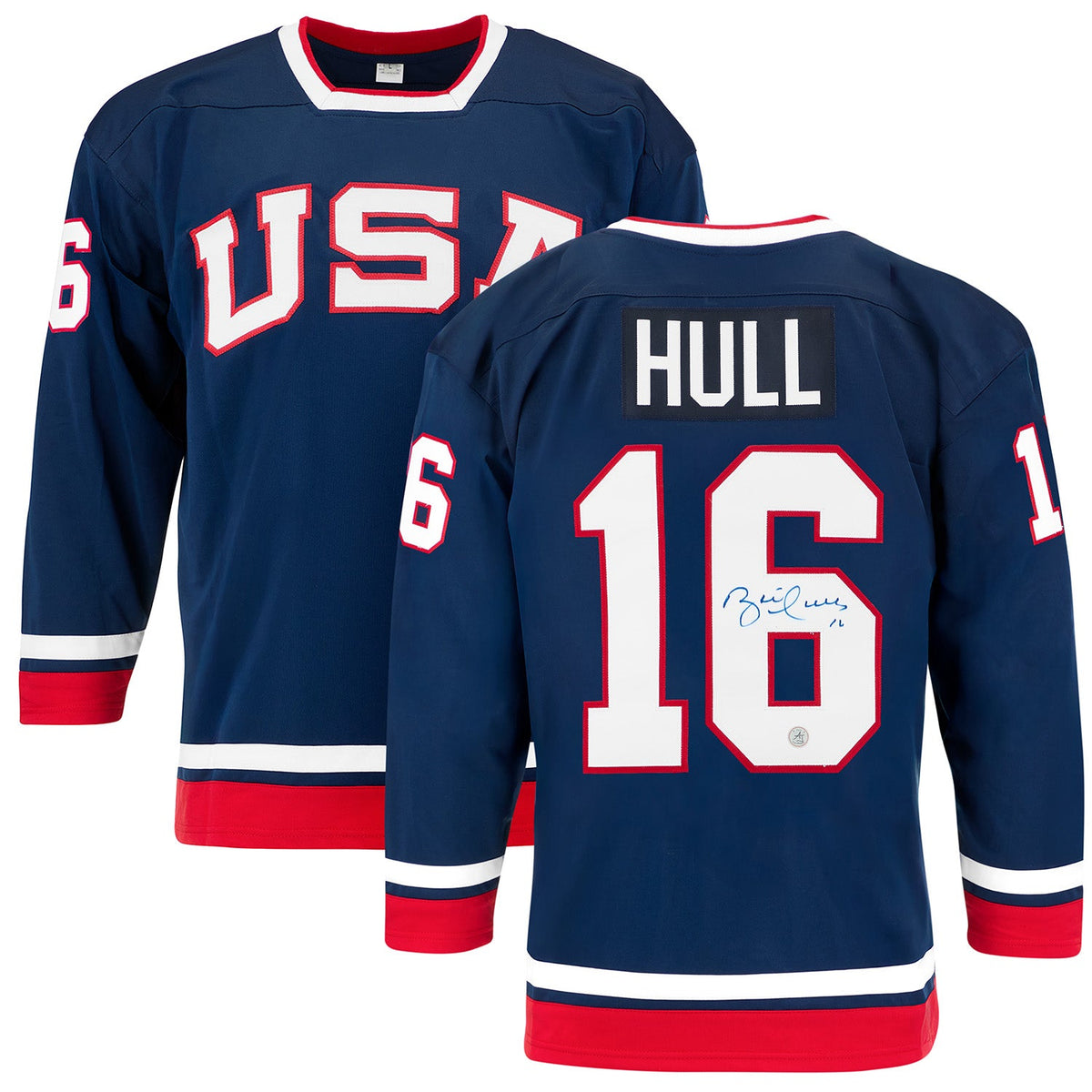 Brett Hull Autographed Team USA Custom Hockey Nation Jersey product image 3, provided for visual reference and product