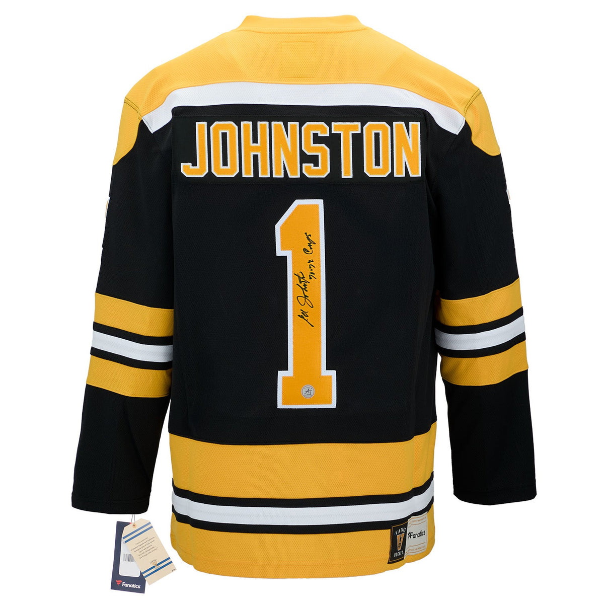 Ed Johnston Autographed Boston Bruins Fanatics Throwback Jersey product image 1, provided for visual reference and product