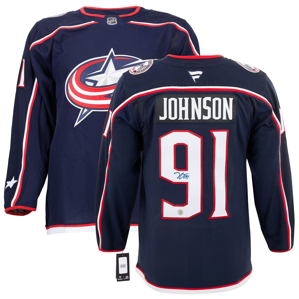 Kent Johnson Autographed Columbus Blue Jackets Fanatics Premium Jersey product image 3, provided for visual reference and