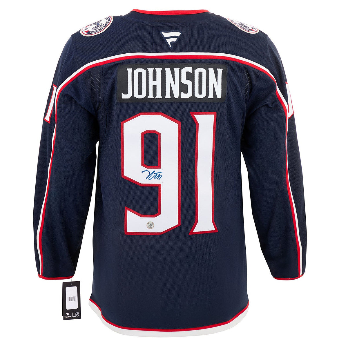 Kent Johnson Autographed Columbus Blue Jackets Fanatics Premium Jersey product image 1, provided for visual reference and