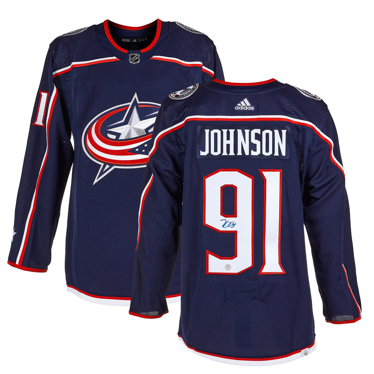 Kent Johnson Autographed Columbus Blue Jackets Blue adidas Jersey product image 3, provided for visual reference and product