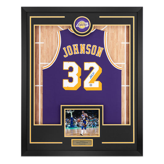 Magic Johnson Signed Los Angeles Lakers Team Logo 36x44 Jersey Frame product image 1, provided for visual reference and