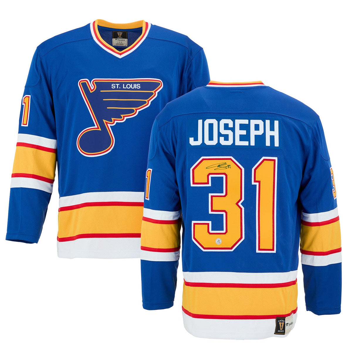 Curtis Joseph Autographed St Louis Blues Fanatics Throwback Jersey product image 1, provided for visual reference and