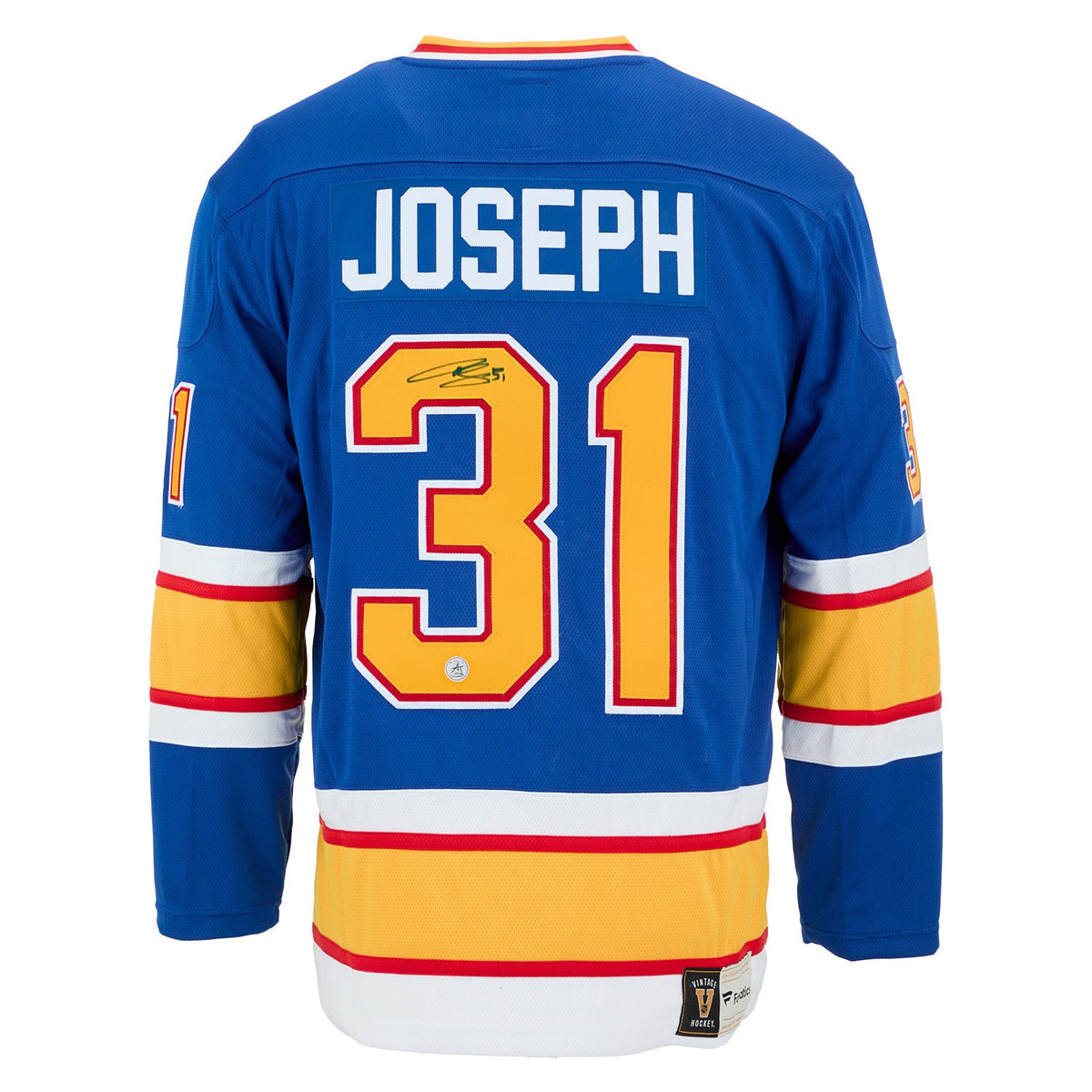 Curtis Joseph Autographed St Louis Blues Fanatics Throwback Jersey product image 3, provided for visual reference and