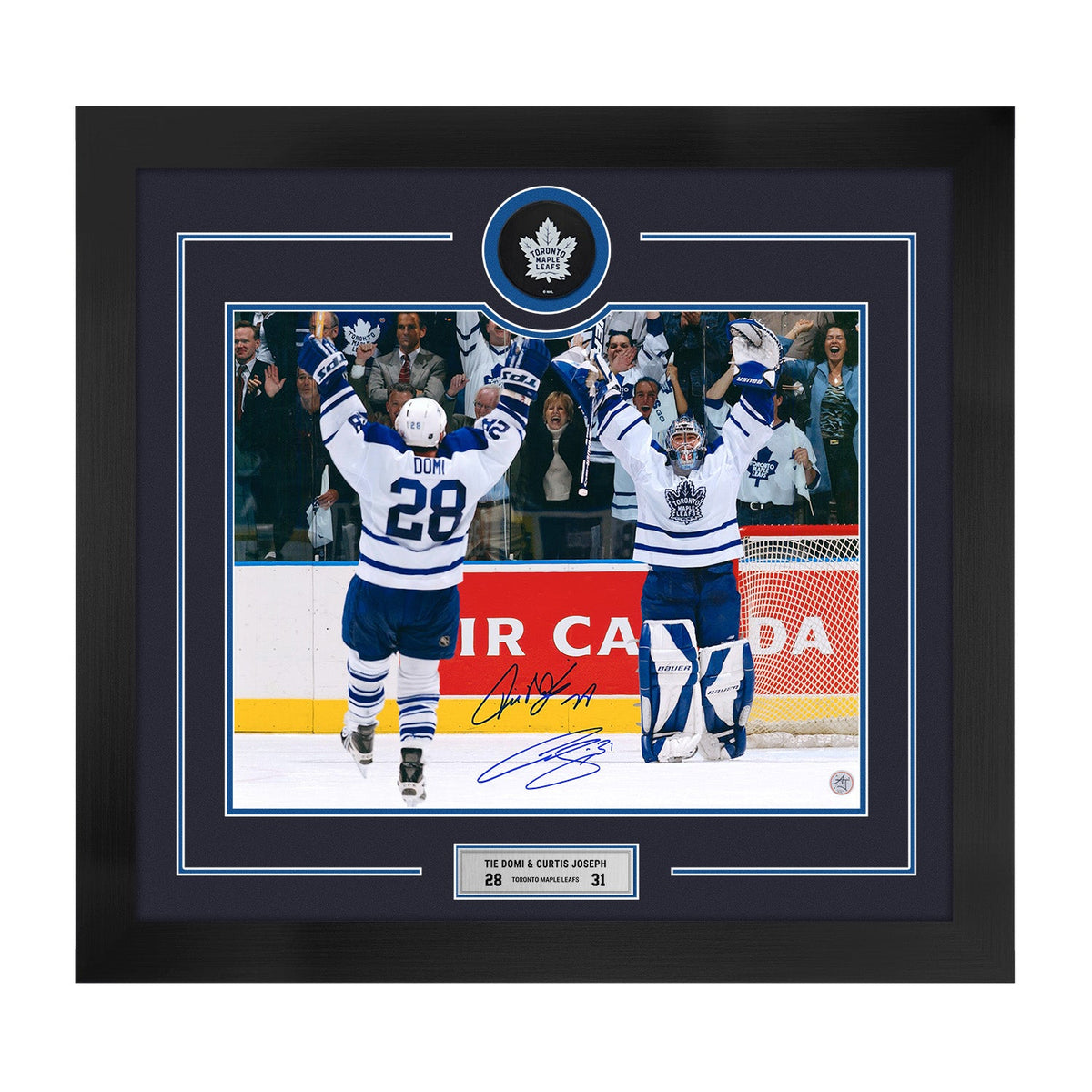 Curtis Joseph & Tie Domi Dual Signed Toronto Maple Leafs Puck Logo 28x30 Frame product image 1, provided for visual