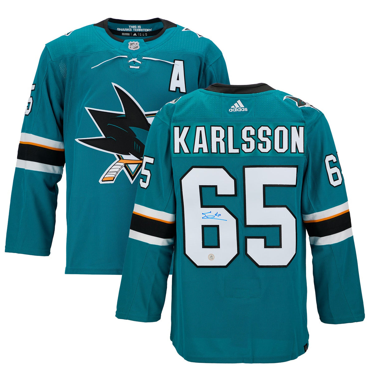 Erik Karlsson Autographed San Jose Sharks Teal adidas Jersey product image 3, provided for visual reference and product