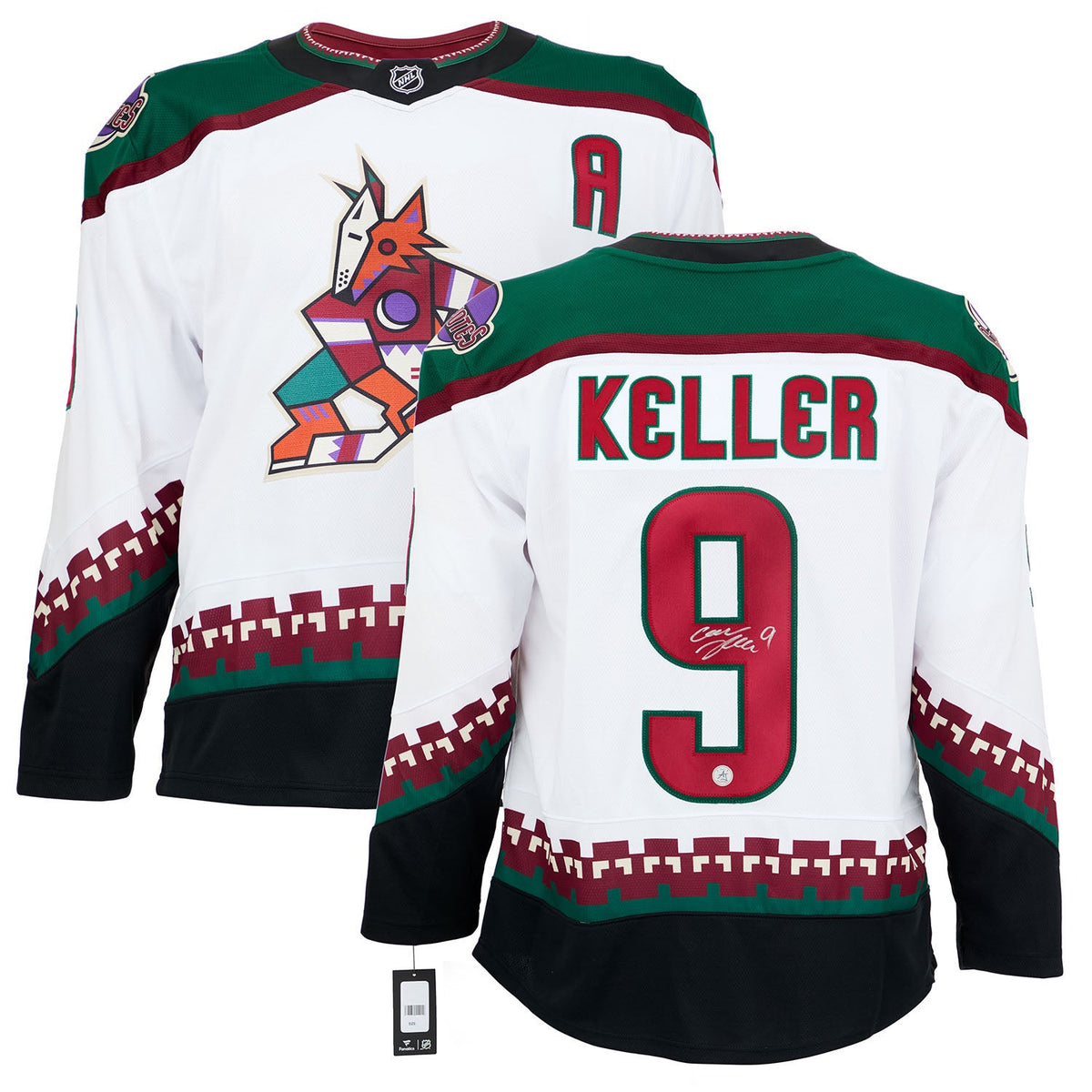 Clayton Keller Signed Arizona Coyotes White Fanatics Breakaway Jersey product image 3, provided for visual reference and
