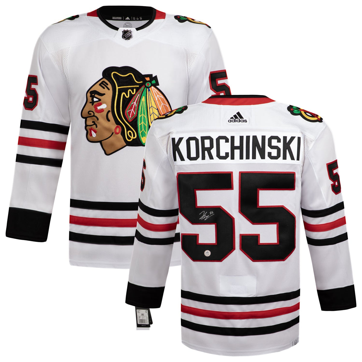 Kevin Korchinski Signed Chicago Blackhawks White adidas Jersey product image 3, provided for visual reference and product