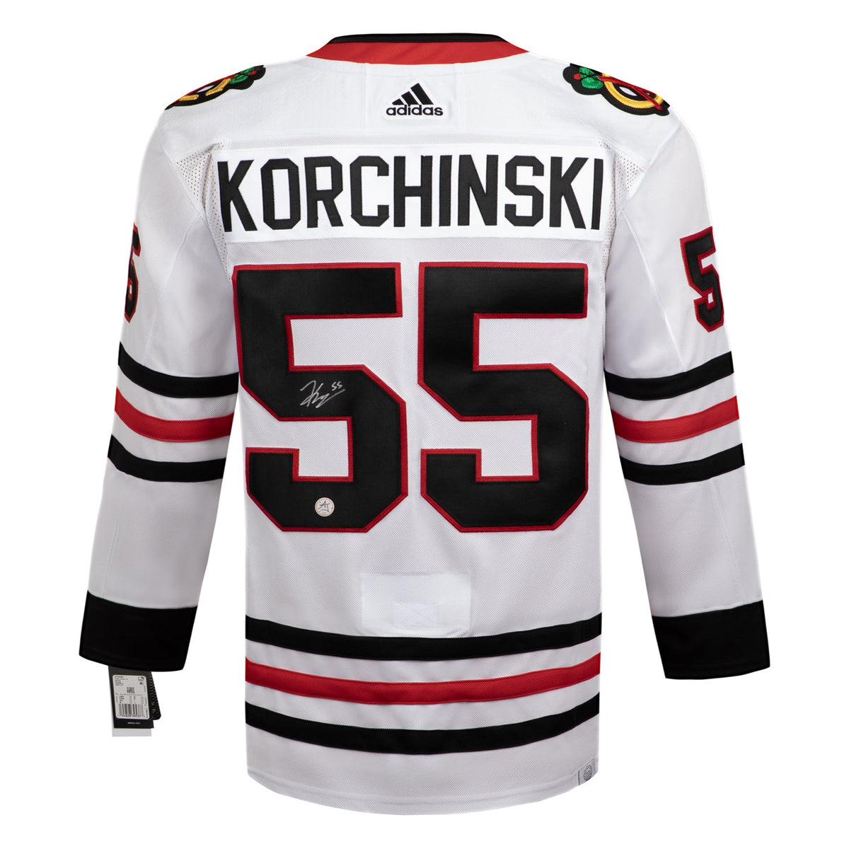 Kevin Korchinski Signed Chicago Blackhawks White adidas Jersey product image 1, provided for visual reference and product