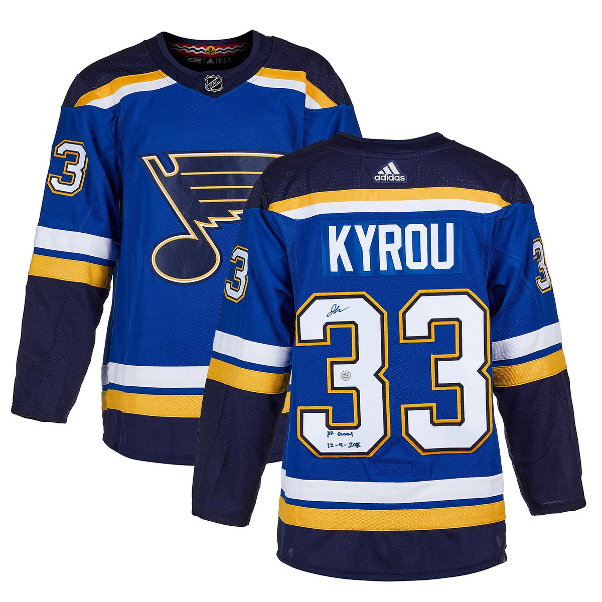 Jordan Kyrou St Louis Blues Signed & Dated 1st Goal adidas Jersey product image 3, provided for visual reference and product