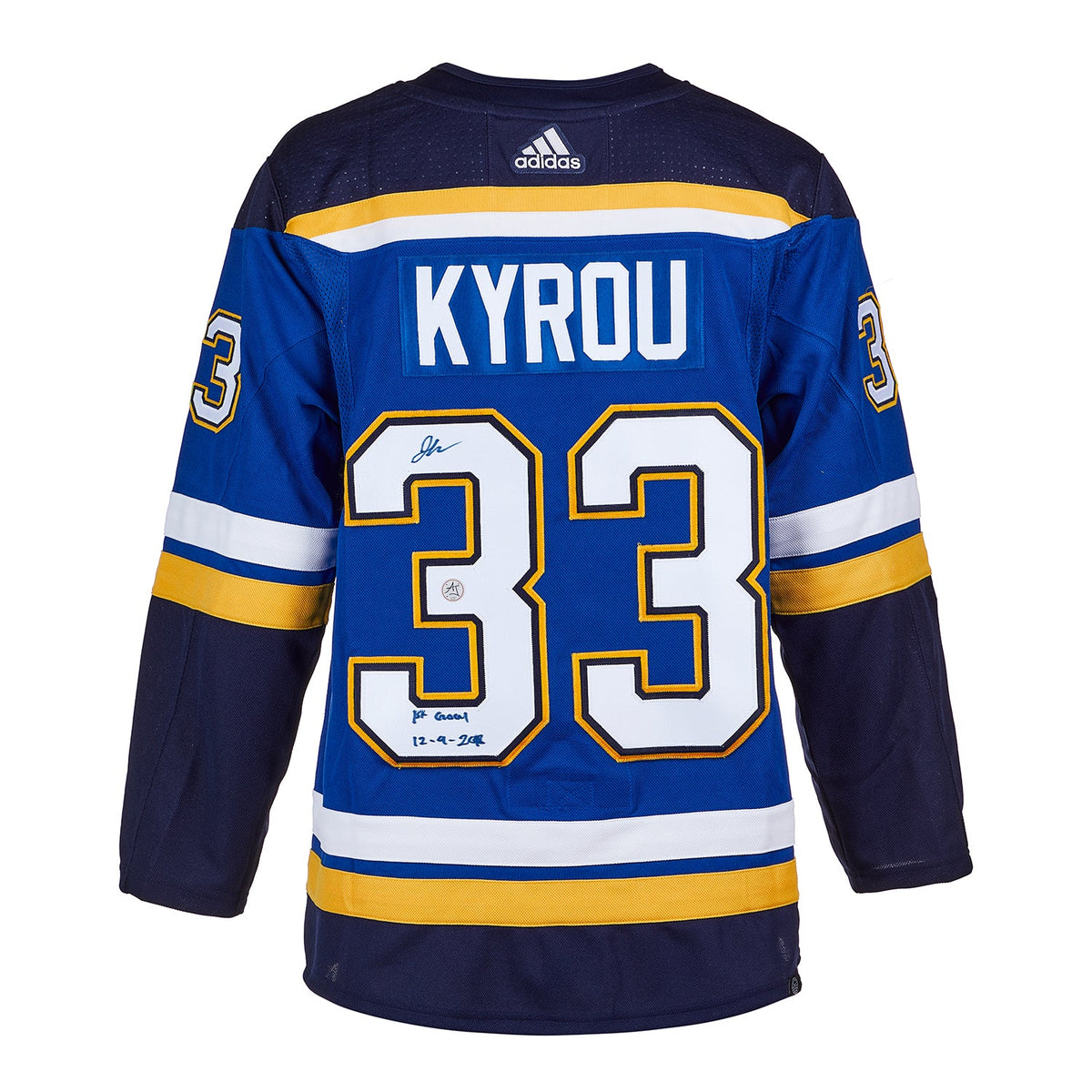 Jordan Kyrou St Louis Blues Signed & Dated 1st Goal adidas Jersey product image 1, provided for visual reference and product