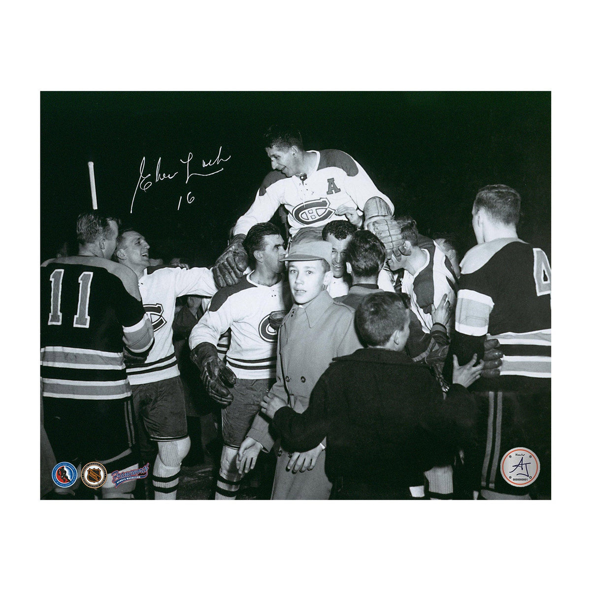 Elmer Lach Autographed Montreal Canadiens Carry Off Celebration 8x10 Photo product image 1, provided for visual reference