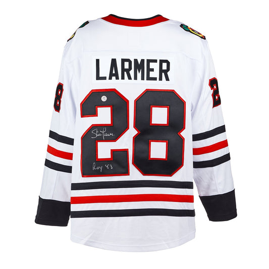 Steve Larmer Signed Chicago Blackhawks White Fanatics Breakaway Jersey product image 1, provided for visual reference and