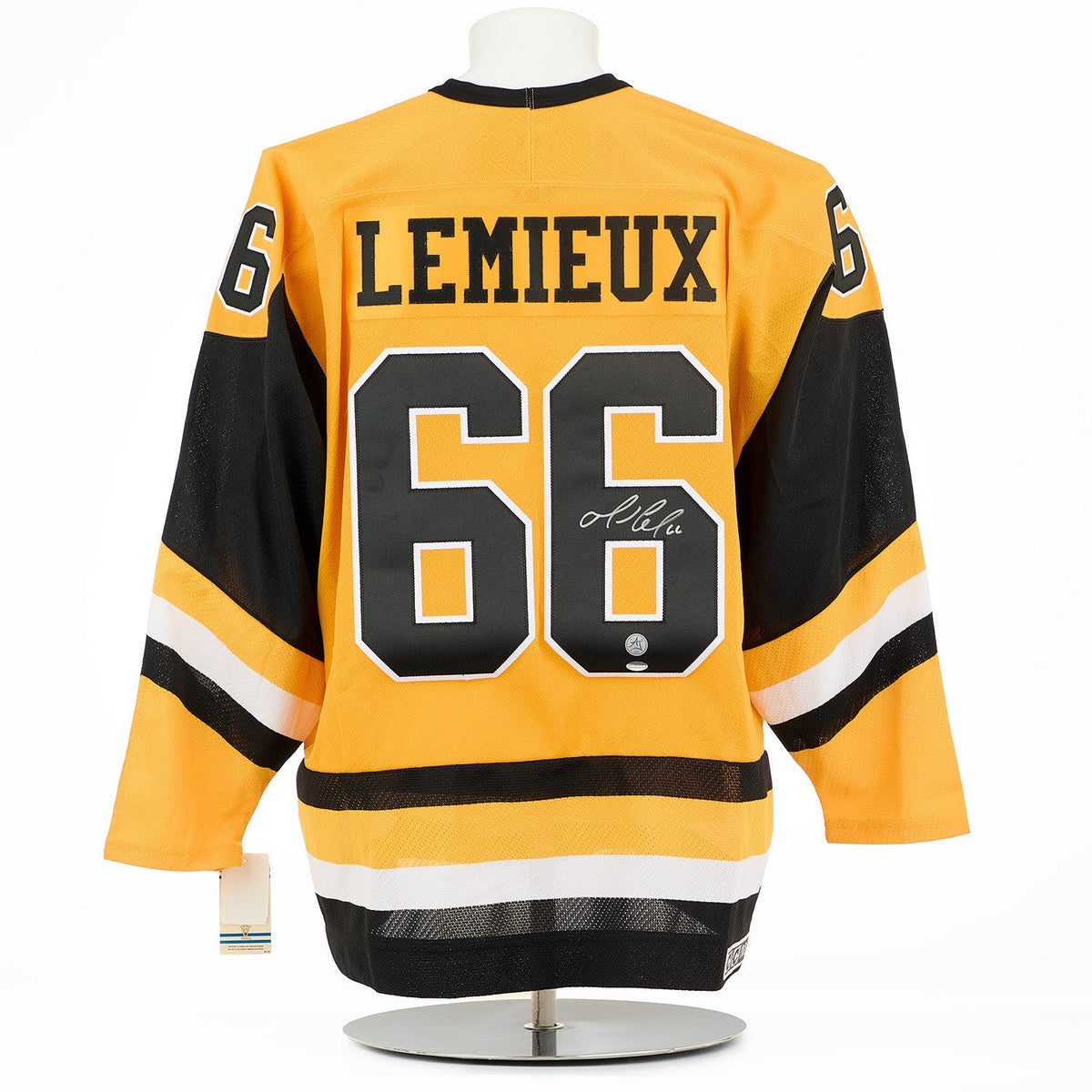 Mario Lemieux Signed Pittsburgh Penguins Yellow Rookie Vintage CCM Jersey product image 1, provided for visual reference and