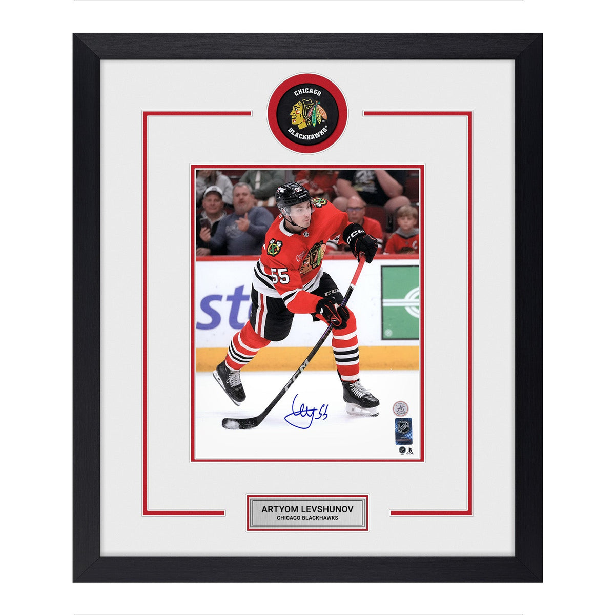 Artyom Levshunov Autographed Chicago Blackhawks Puck Logo 22x26 Frame product image 1, provided for visual reference and