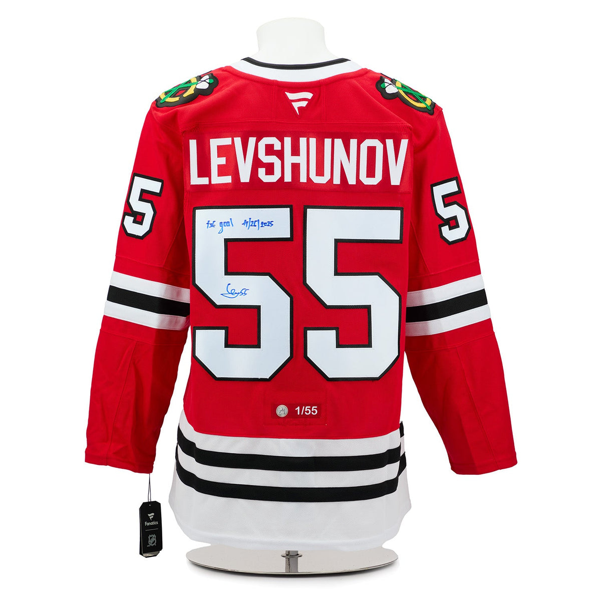 Artyom Levshunov Chicago Blackhawks Signed & Dated 1st Goal Jersey 1/55 product image 1, provided for visual reference and