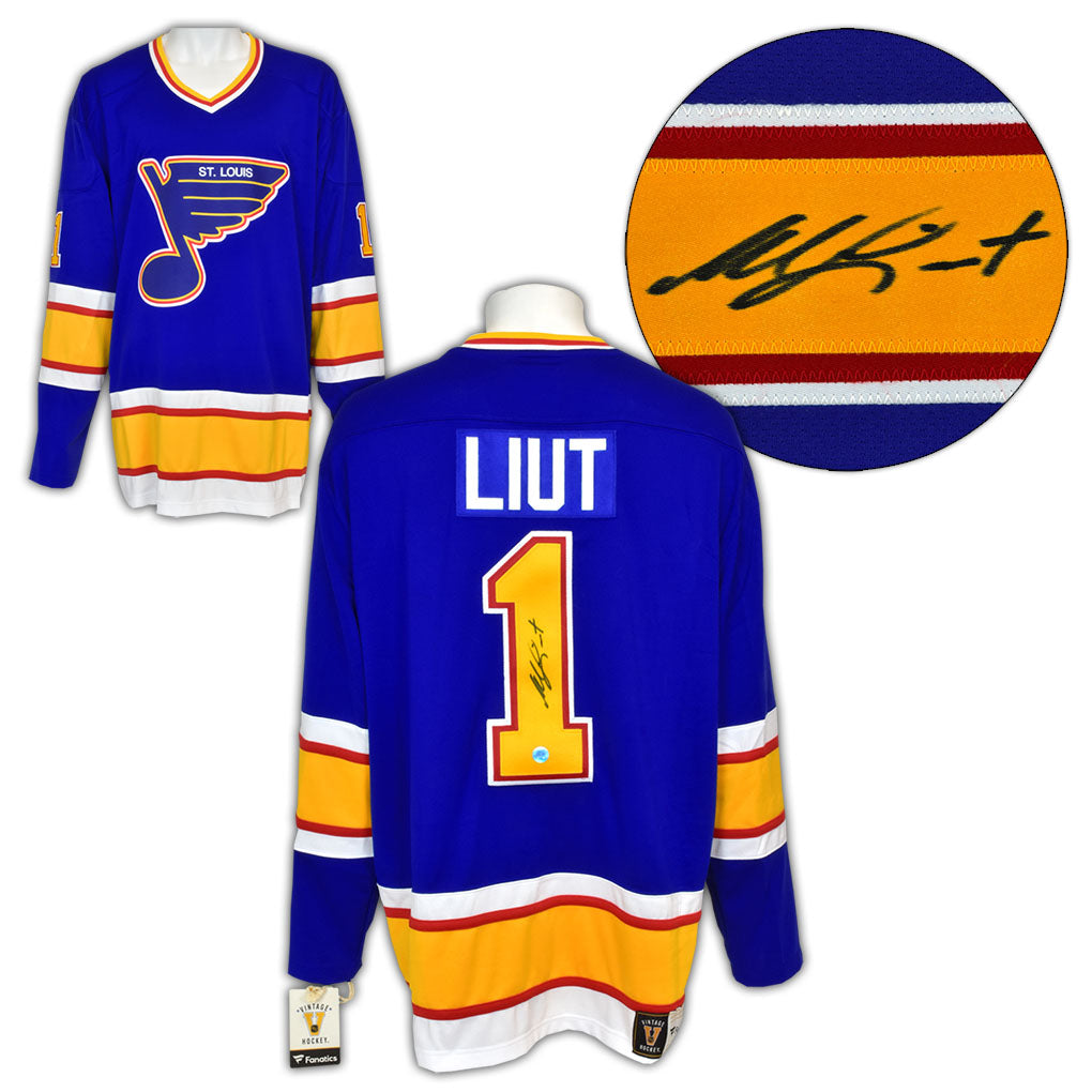 Mike Liut Signed St Louis Blues Throwback Breakaway Jersey product image 1, provided for visual reference and product detail