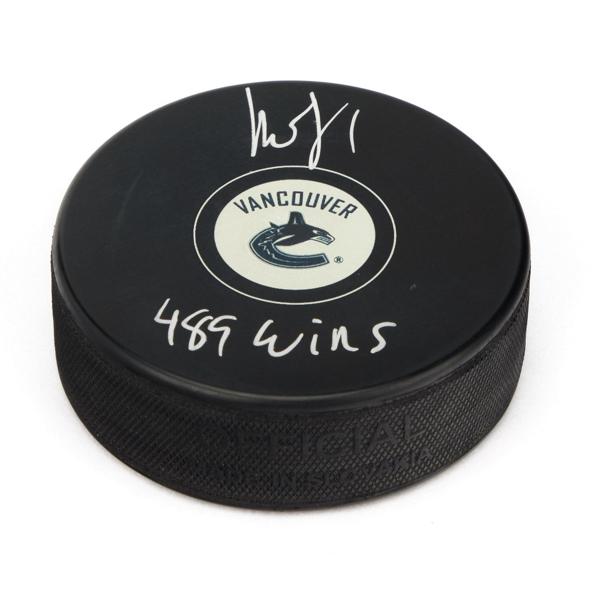 Roberto Luongo Signed Vancouver Canucks Hockey Puck with 489 Wins Note product image 1, provided for visual reference and