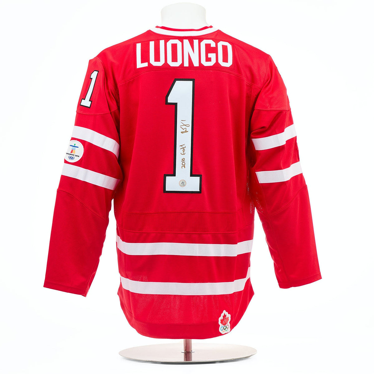 Roberto Luongo Team Canada Signed & Inscribed 2010 Olympic Gold Nike Jersey product image 1, provided for visual reference