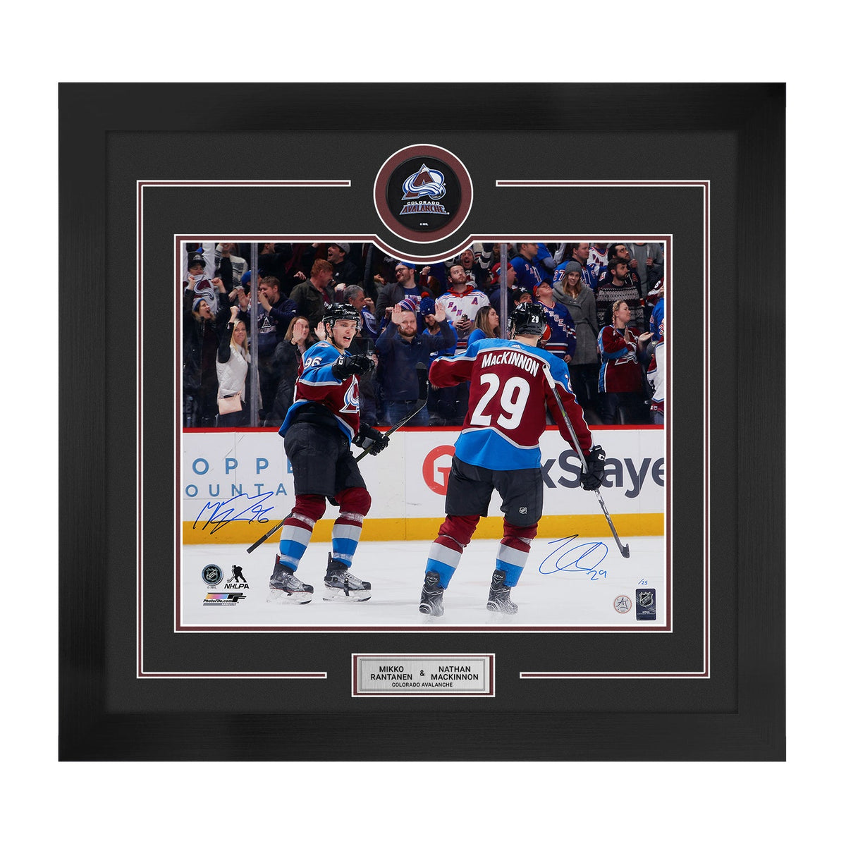 Nathan Mackinnon & Mikko Rantanen Signed Colorado Avalanche Puck 28x30 Frame product image 1, provided for visual reference