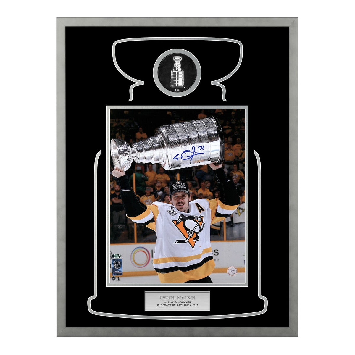 Evgeni Malkin Autographed Pittsburgh Penguins Cup Champion 23x27 Frame product image 1, provided for visual reference and