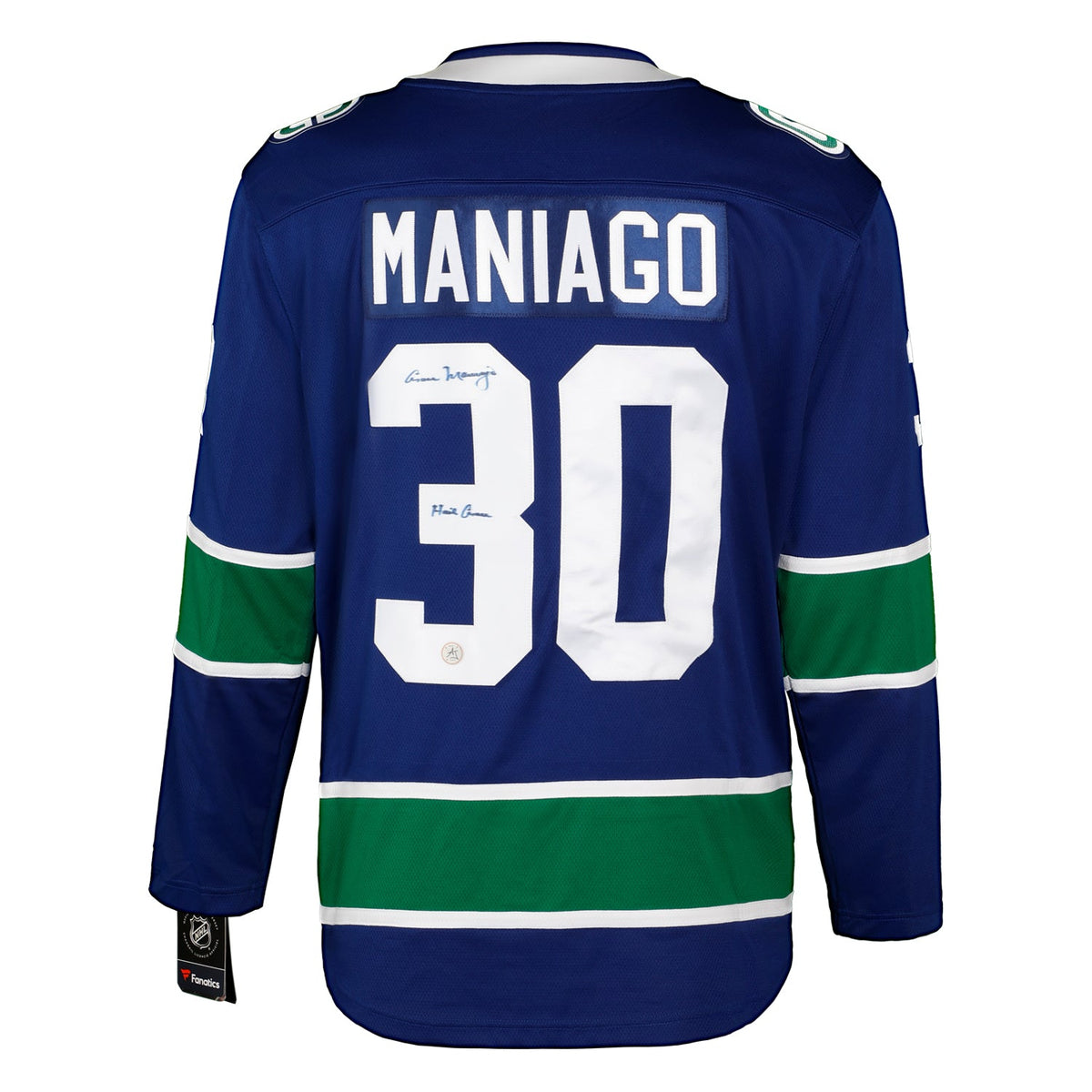 Cesare Maniago Signed Vancouver Canucks Fanatics Breakaway Jersey product image 1, provided for visual reference and product