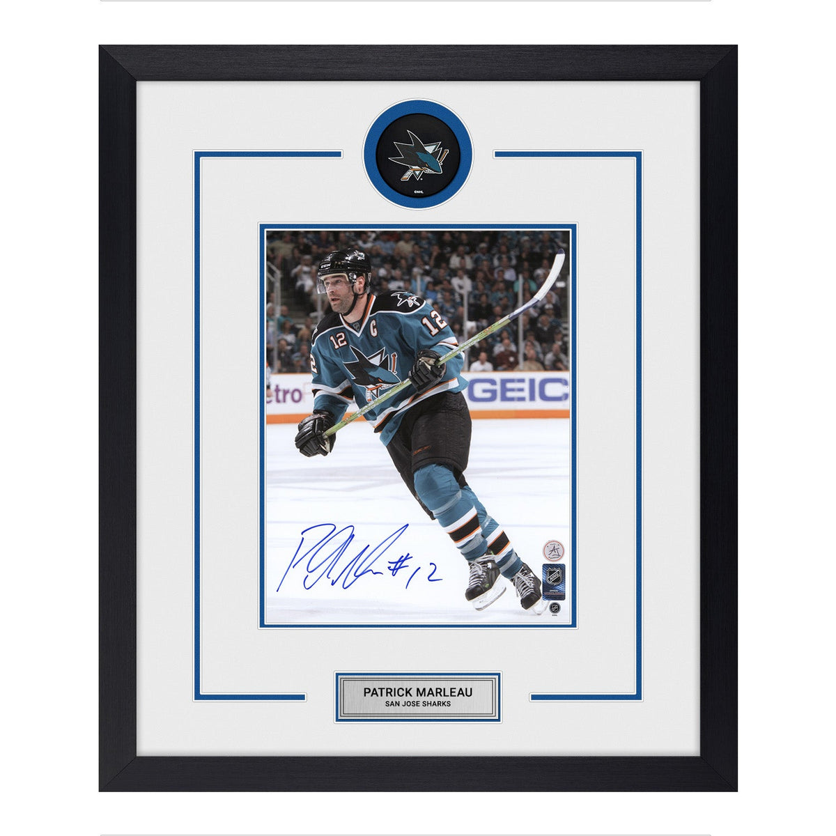 Patrick Marleau Autographed San Jose Sharks Puck Logo 22x26 Frame product image 1, provided for visual reference and product
