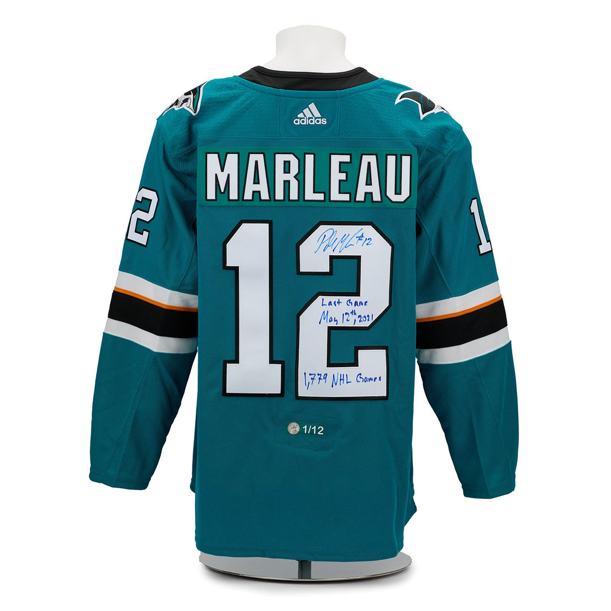 Patrick Marleau San Jose Sharks Signed & Dated Last Game adidas Jersey #1/12 product image 1, provided for visual reference