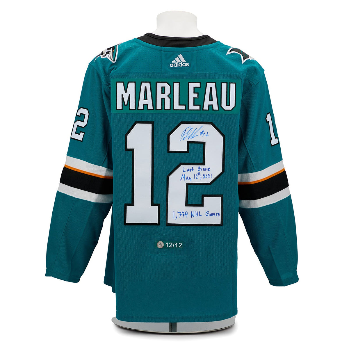 Patrick Marleau San Jose Sharks Signed & Dated Last Game adidas Jersey #12/12 product image 1, provided for visual reference