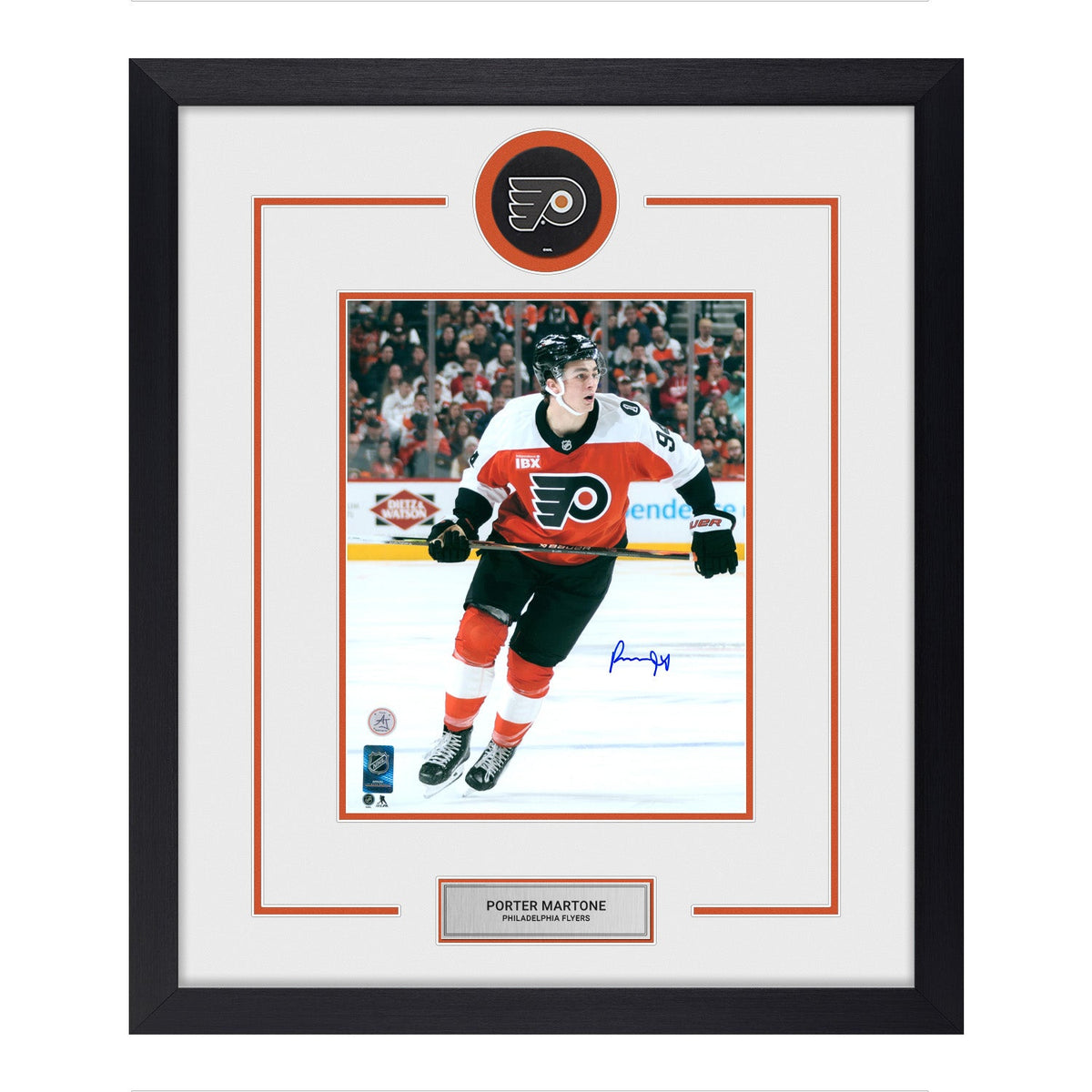 Porter Martone Autographed Philadelphia Flyers Puck Logo 22x26 Frame product image 1, provided for visual reference and