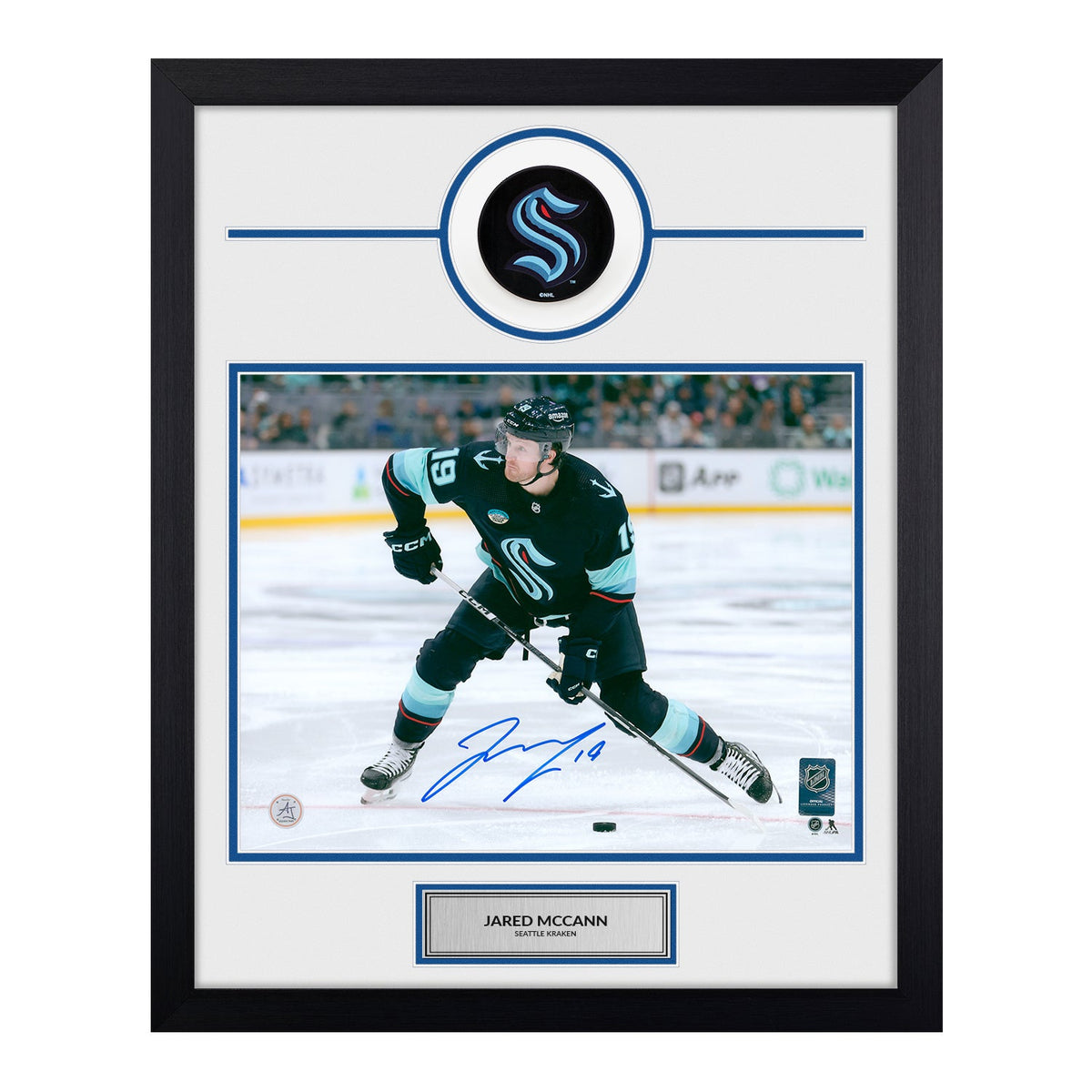 Jared McCann Autographed Seattle Kraken Puck Logo 19x23 Frame product image 1, provided for visual reference and product