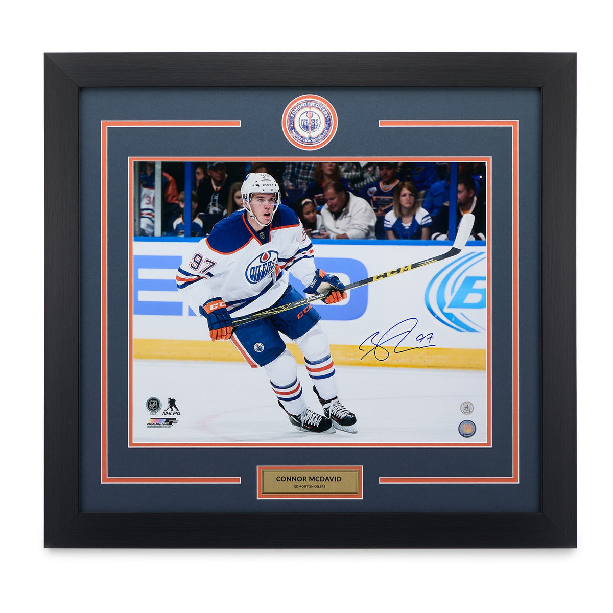 Connor McDavid Autographed Edmonton Oilers Centre Ice Logo 26x32 Frame product image 1, provided for visual reference and