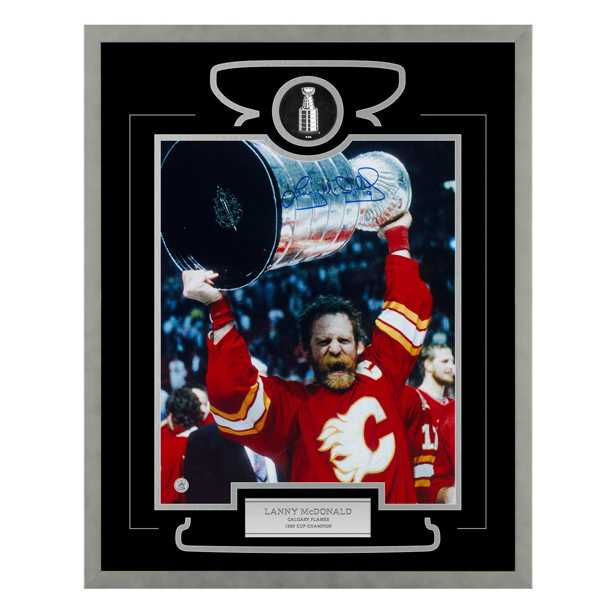 Lanny McDonald Signed Calgary Flames Cup Champion 26x32 Frame product image 1, provided for visual reference and product