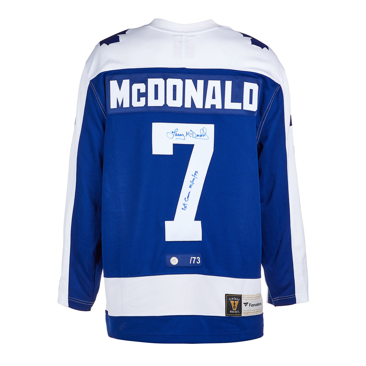 Lanny McDonald Toronto Maple Leafs Signed 1st Game Throwback Jersey #/73 product image 1, provided for visual reference and