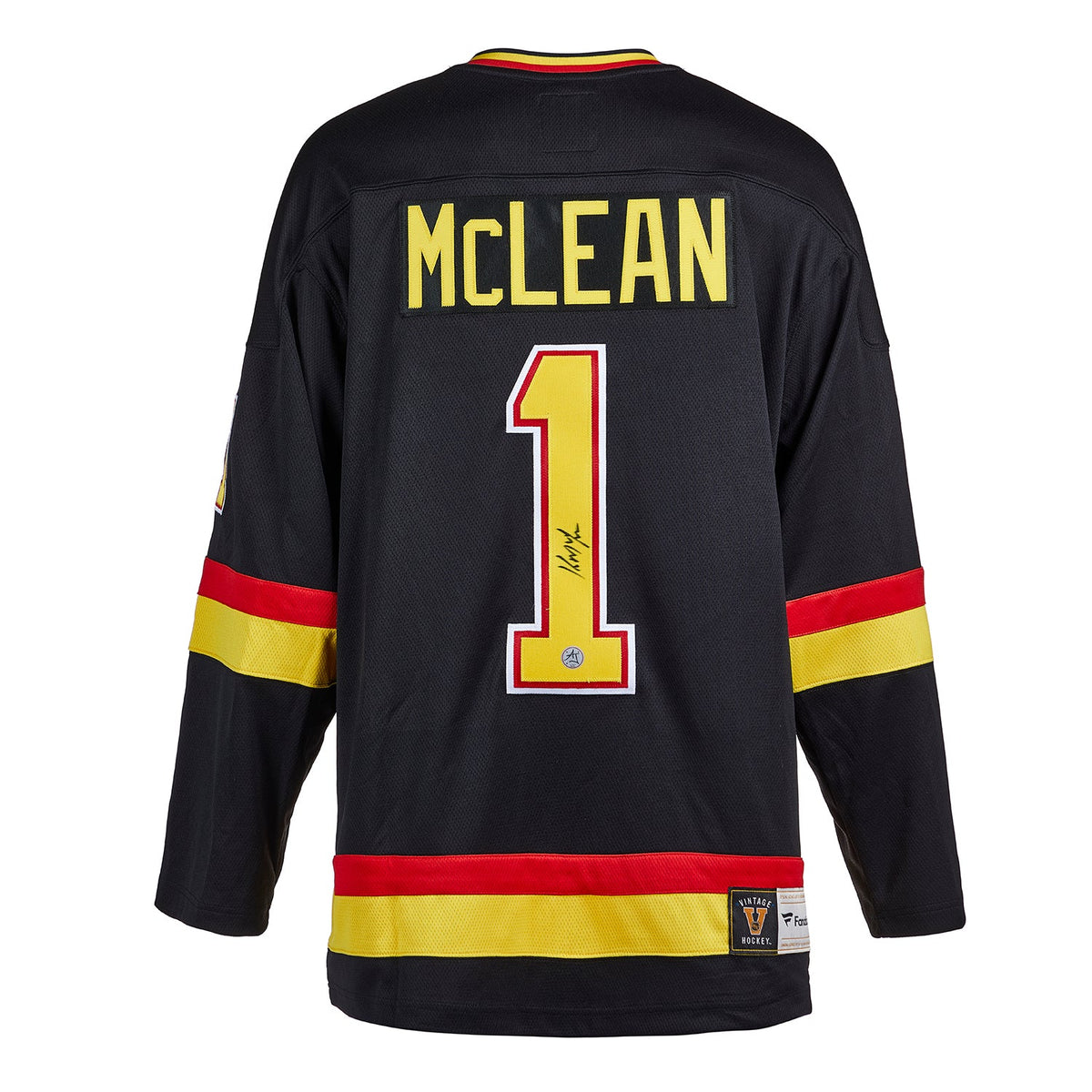 Kirk McLean Signed Vancouver Canucks Black Fanatics Throwback Jersey product image 1, provided for visual reference and