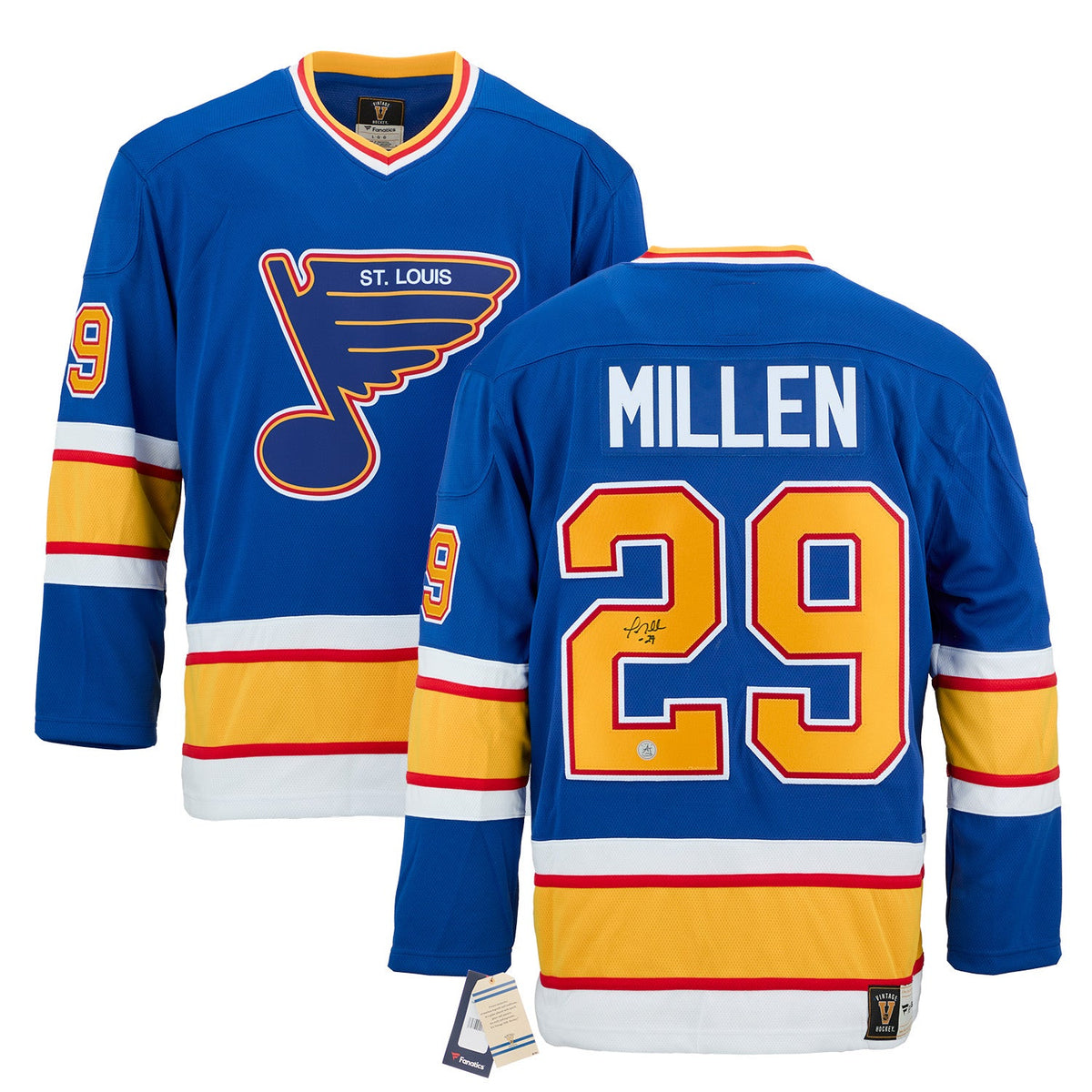 Greg Millen Autographed St Louis Blues Fanatics Throwback Jersey product image 3, provided for visual reference and product