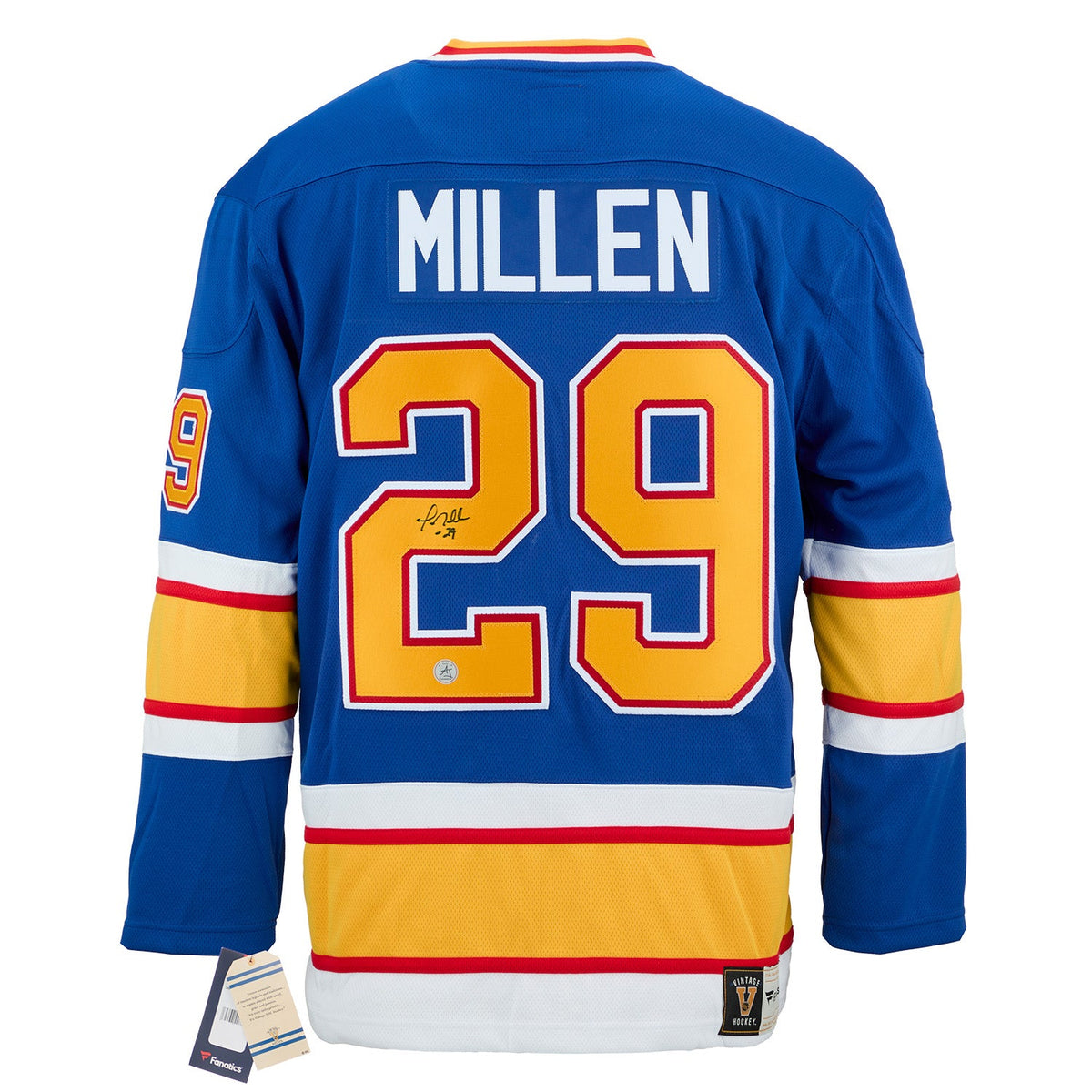 Greg Millen Autographed St Louis Blues Fanatics Throwback Jersey product image 1, provided for visual reference and product