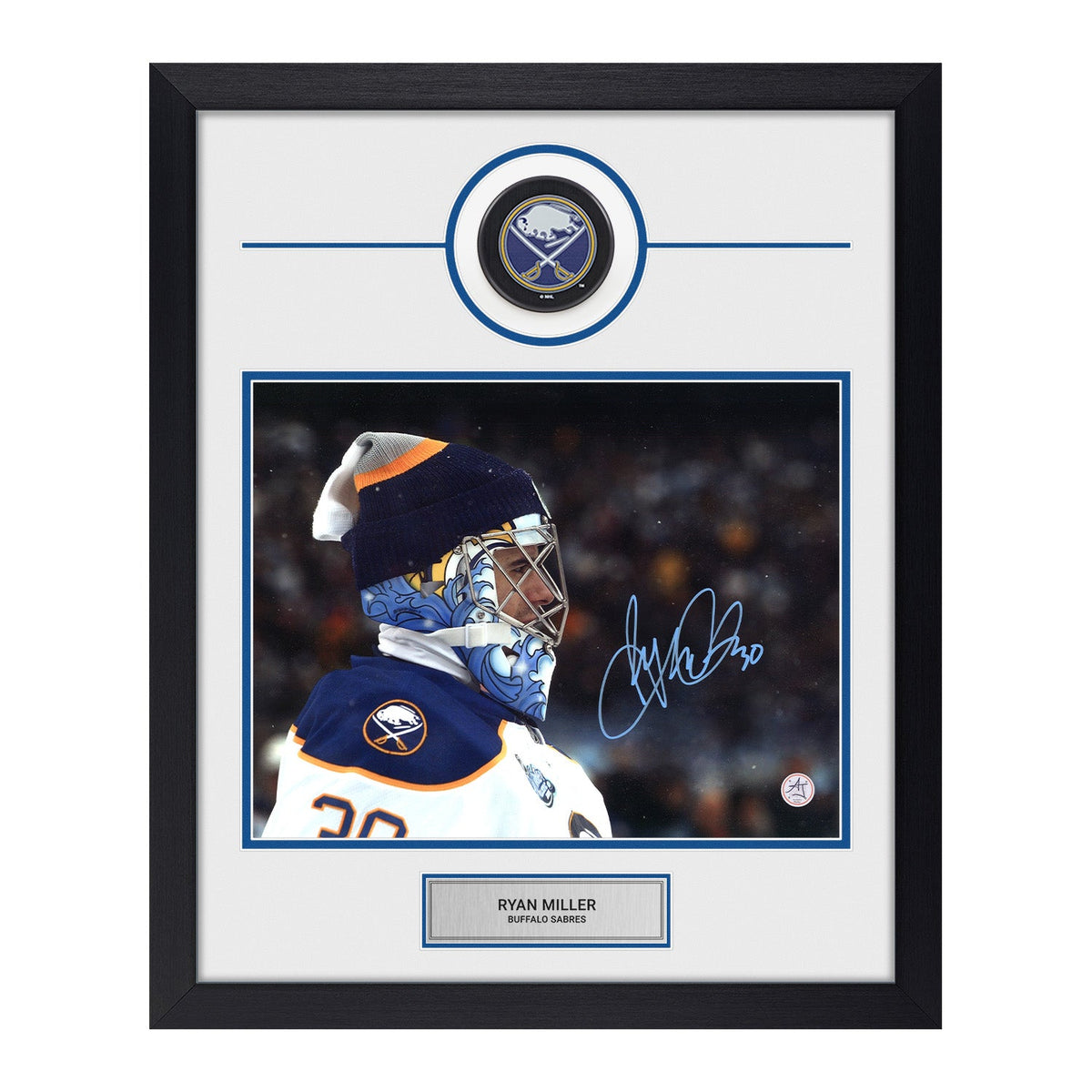 Ryan Miller Autographed Buffalo Sabres Puck Logo 18x22 Frame product image 1, provided for visual reference and product